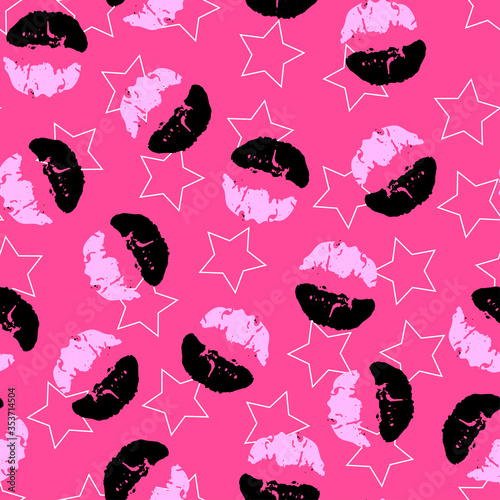 lips print fashionable seamless pattern on a pink background black and white kisses