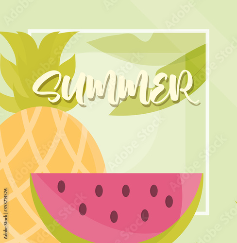 hello summer banner  watermelon and pineapple season vacations travel concept