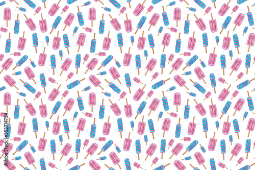Seamless watercolor pattern of blue and pink ice cream on white background. Hand-drawn pattern for birthday invitation, summer menu, poster, textile, wallpaper, wrapping paper.