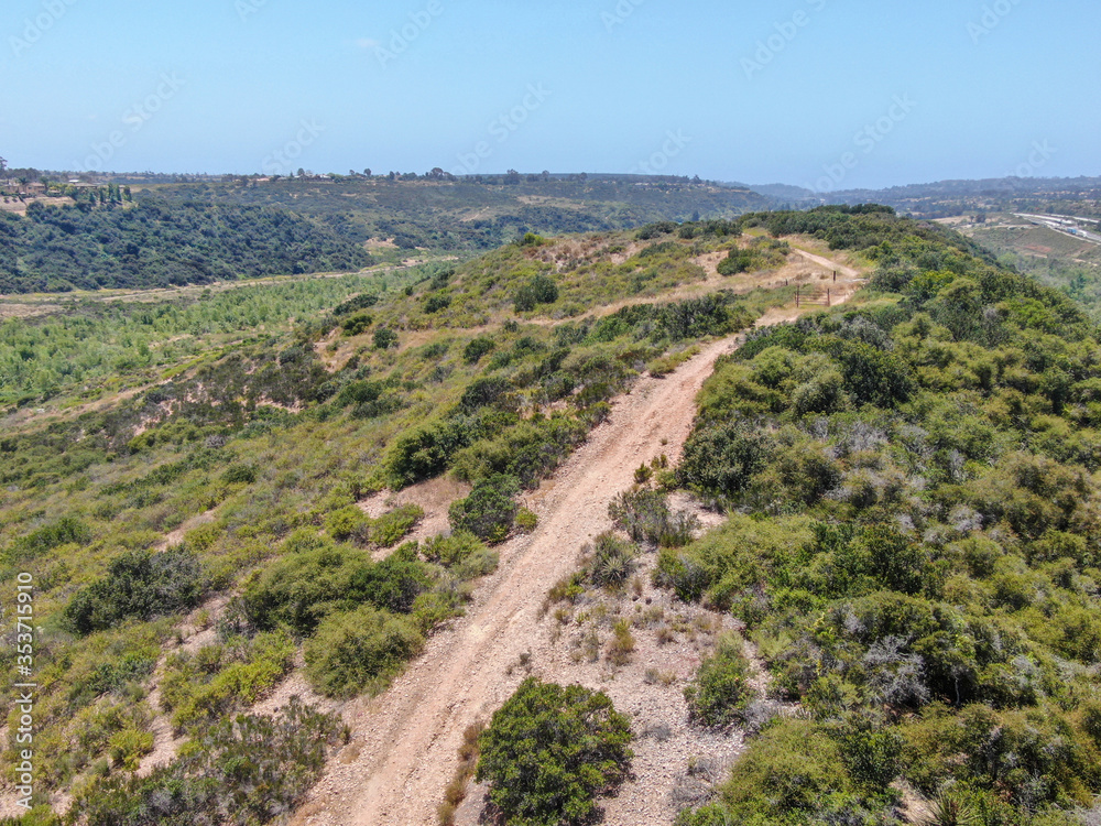 Aerial view of of small dry rocky trails in the mountain, San Diego, California, USA