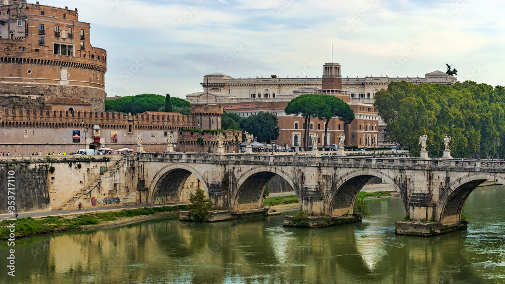 St. Angelo Bridge over Tiber river in Rome,  Italy.