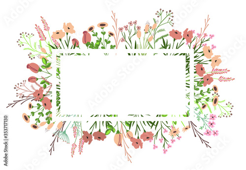 Wallpaper Mural a virgin floral gift card with white rectangular frame in the middle and wild meadow pastel color flowers around - hand drawn vector illustration Torontodigital.ca