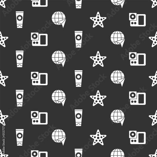 Set Starfish, Photo camera, Sunscreen cream in tube and Globe with flying plane on seamless pattern. Vector.