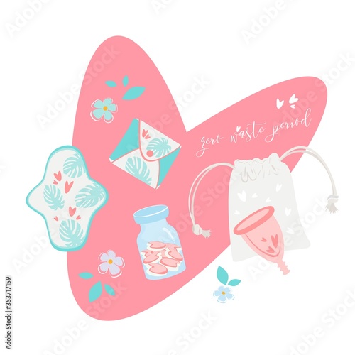 Zero waste period. Menstrual cup. Protection of menstruation, feminine hygiene. Vector cartoon flat menstrual period illustration.