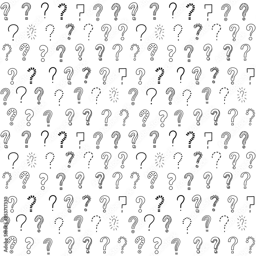 Vector seamless pattern with question marks. Doodle, sketch, cartoon style. Black and white simple background design. question mark hand draw symbol. Vector seamless pattern on white background