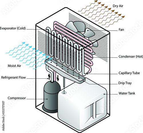 Exploded diagram of a domestic dehumidifier showing the fan, refrigerative compressor, coils, and water tank.