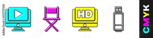 Set Online play video, Director movie chair, Monitor with HD video and USB flash drive icon. Vector.