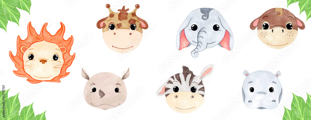 Set of cute faces of African wild animals on a white isolated background. Set of animals.