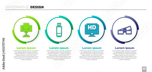 Set Director movie chair, USB flash drive, Monitor with HD video and 3D cinema glasses. Business infographic template. Vector.