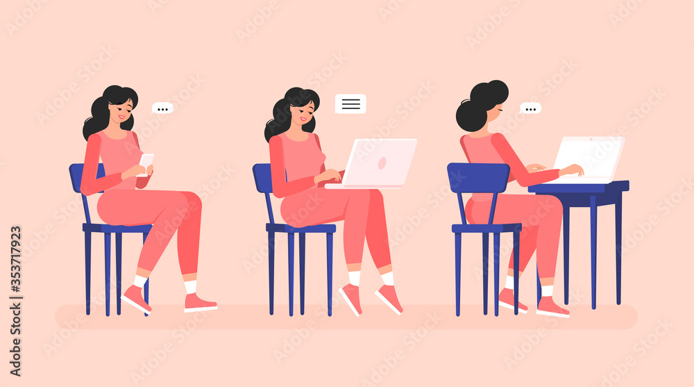 Set of poses freelancer girls with gadgets. Sitting on chairs. Mobile phone in hands, laptop on his lap and on the table. Colorful vector illustration in flat style.