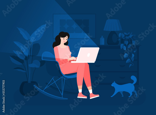 Girl freelancer is sitting in a chair with a laptop. Efficient and productive work at home at night. Colorful vector illustration in flat cartoon style. Domestic cat. Modern interior.