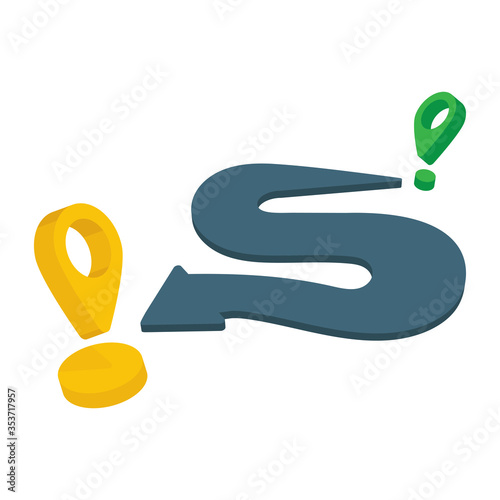 Road. Arrow shaped road with start and end map pins. Route location and navigation concept. Cartoon style vector illustration. Part of set.