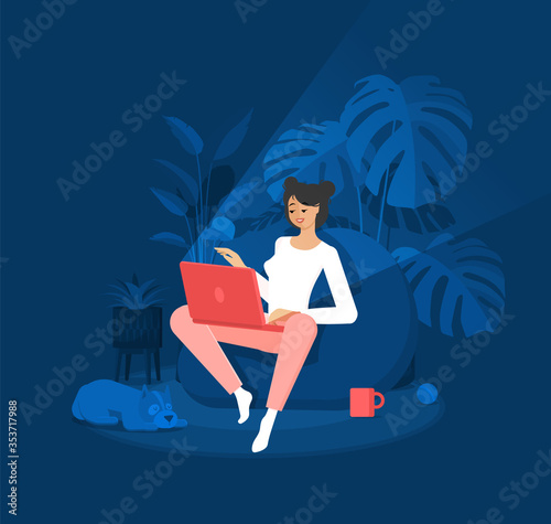 Freelancer girl is sitting in a bean bag chair with a laptop. Efficient and productive work at home at night. Domestic dog. Modern interior with plants. Colorful vector illustration in flat style