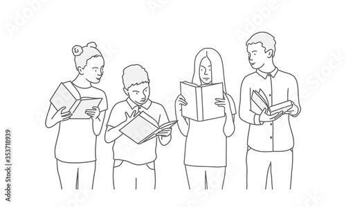 School children read books. Line drawing vector illustration.