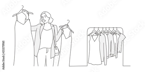 Woman chooses dress. Line drawing vector illustration.