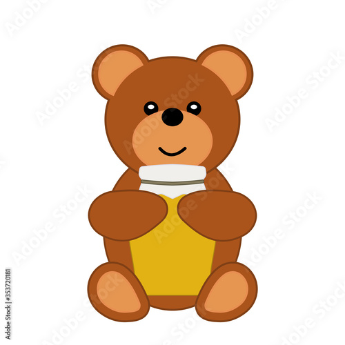 Cartoon cute bear and jar of honey. Bee flat design isolated on white background.