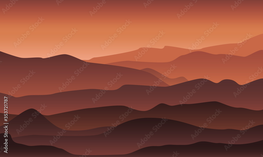 Desert mountain landscape in sunset/sunrise light and fog. Morning /evening in the mountains illustration. 