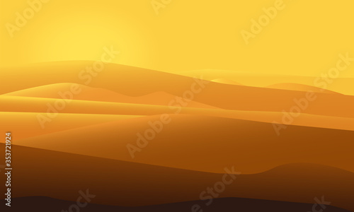 Desert landscape vector illustration with sun shining over sand dunes. Morning desert mountains.