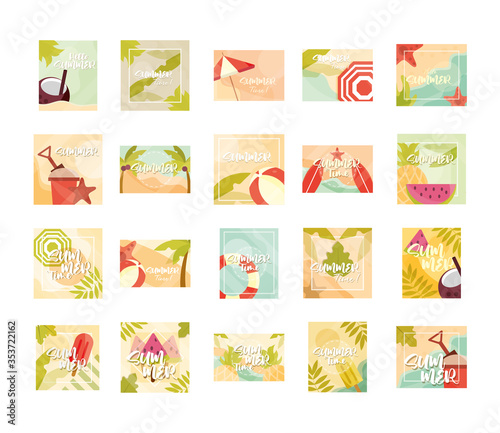 hello summer banner, season vacations travel typography icons set