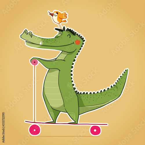 Happy cartoon crocodile with a bird on his head riding a scooter.