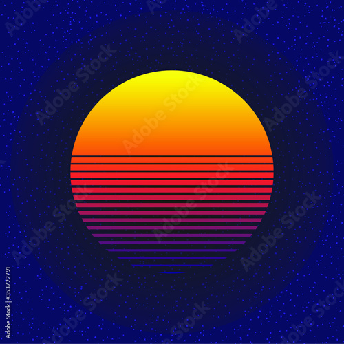 80s Retro sci-fi Sunset logo. vector illustration purple backgound and stars