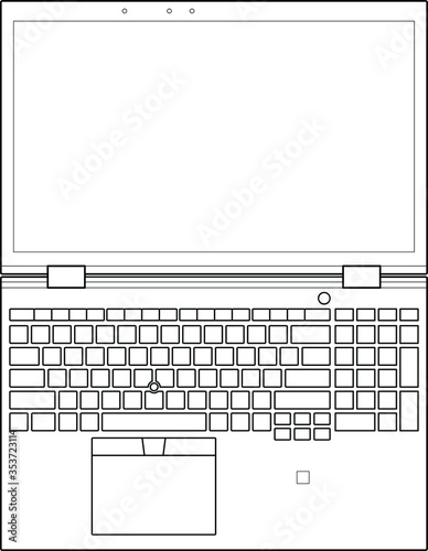 Line drawing of a 15 inch laptop opened out flat.