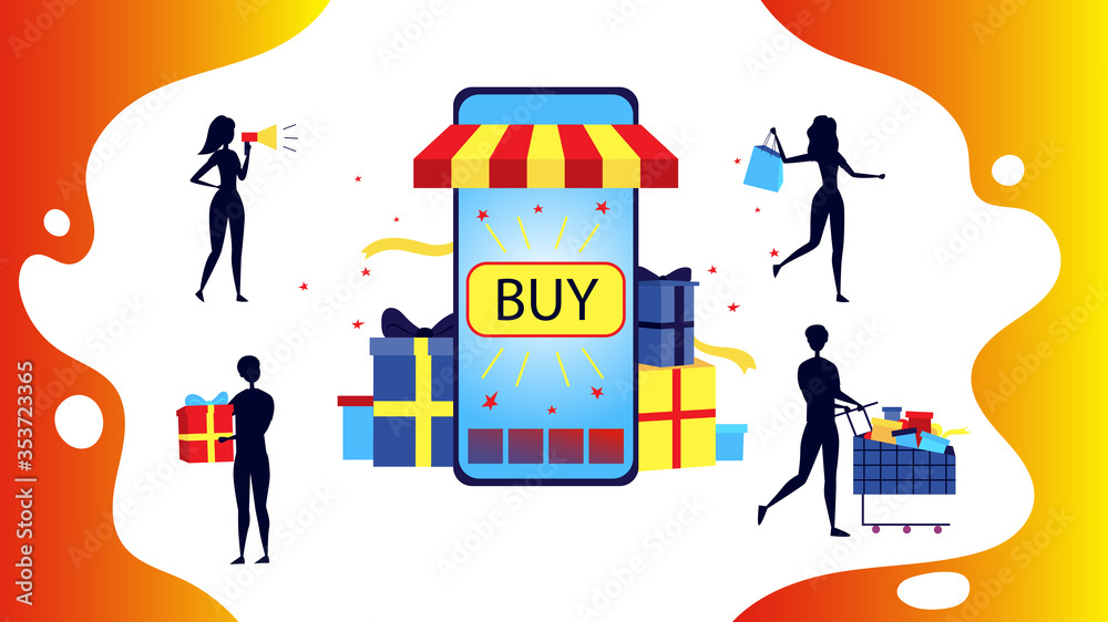 Concept Of Big Sale. People Silhouettes Men And Women Shopping Online. Big Smartphone Showcase With Buy Inscription On Screen And Tiny Characters Buy Goods. Cartoon Flat Style. Vector Illustration Concept Of Big Sale. People Silhouettes Men And Women Shopping Online. Big Smartphone Showcase With Buy Inscription On Screen And Tiny Characters Buy Goods. Cartoon Flat Style. Vector Illustration
