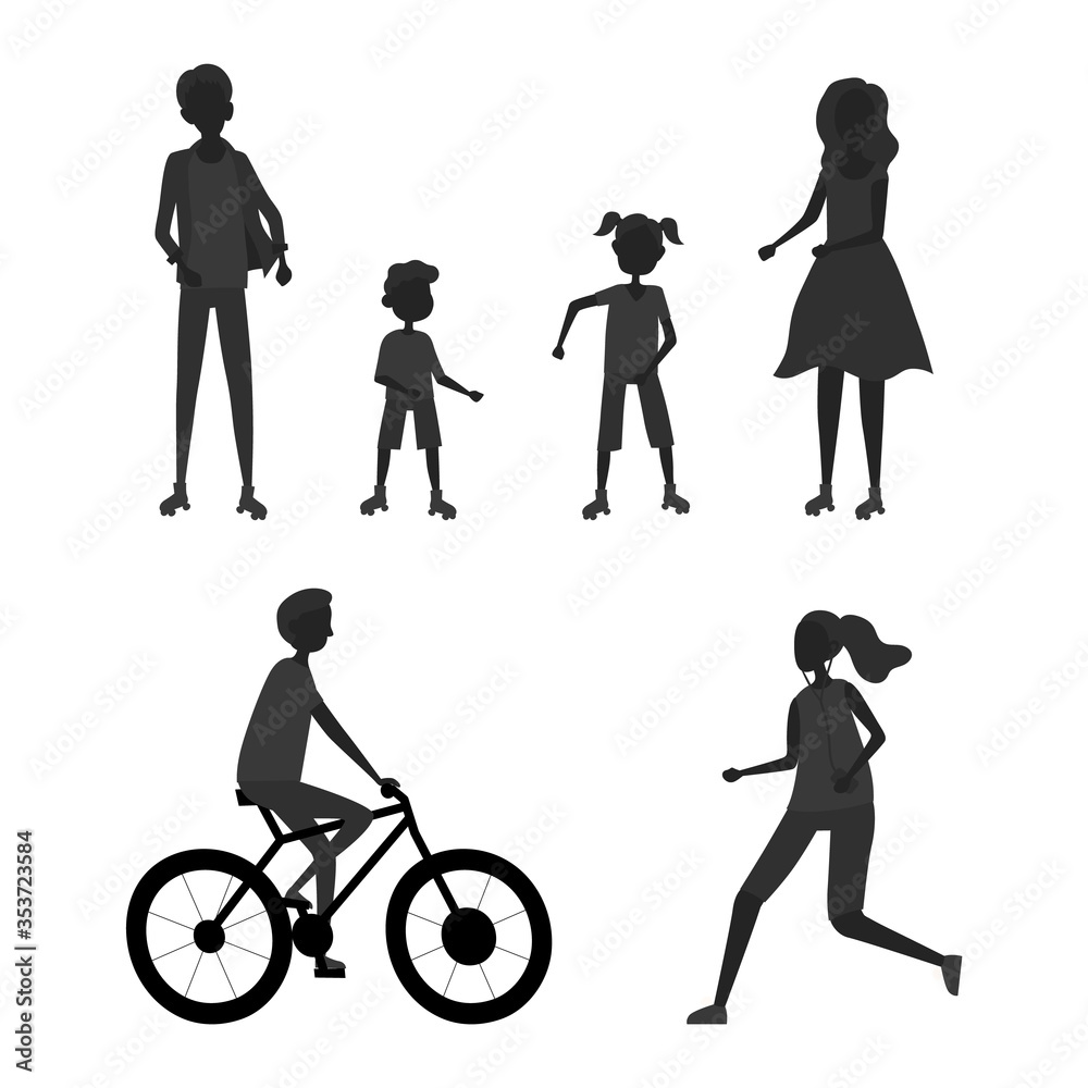 Concept Of Outdoors Spending Time. Group Of People Relaxing In The Park Or Square. Male And Female Silhouettes Rest, Ride Bicycle, Jogging, Have Family Time. Cartoon Flat Style. Vector Illustration