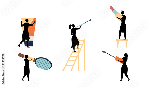 Beauty Salon Concept. Tiny Characters Silhouettes With Items For Makeup. People Put Lipstick, Add Eyeshadows, Do Hair. Fashion Beauty Salon With Professional Workers. Cartoon Flat Vector Illustration