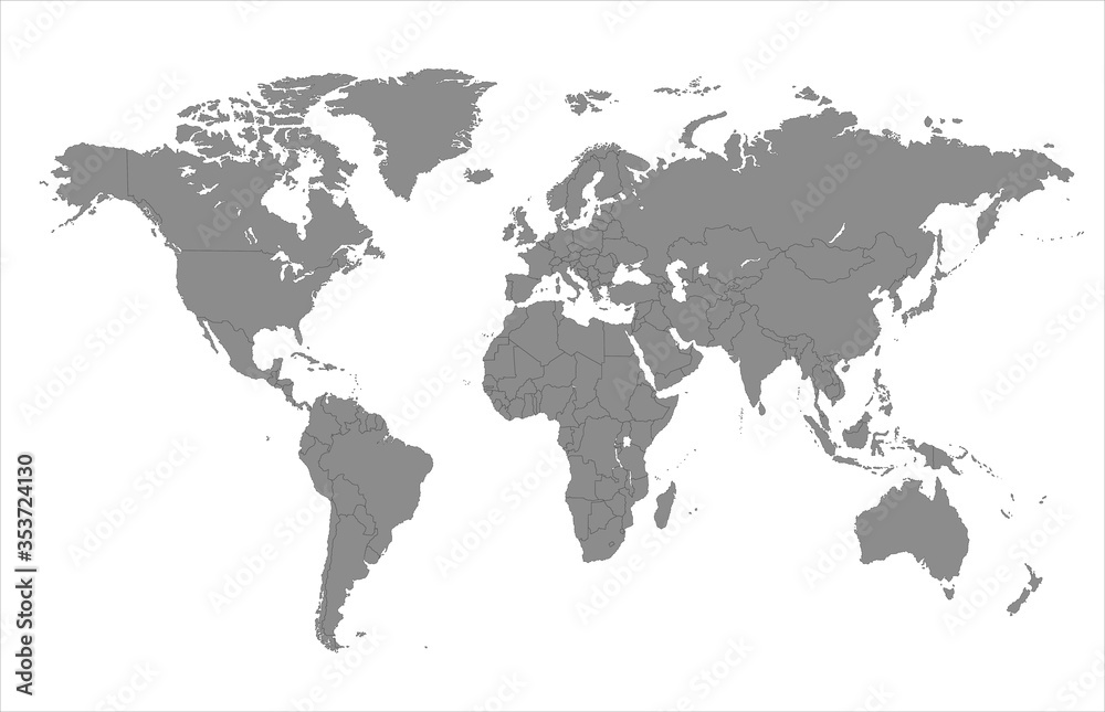 Political world map. Highly detailed flat gray vector world map with country  borders isolated on the white background. Template for web site, iconographics. 