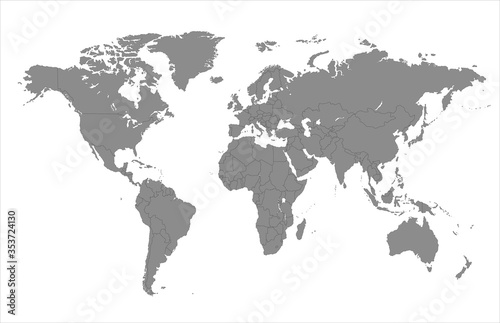 Political world map. Highly detailed flat gray vector world map with country borders isolated on the white background. Template for web site, iconographics. 