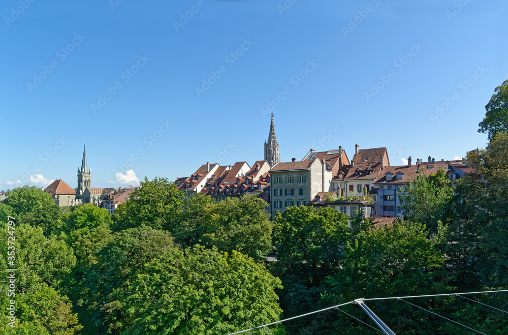 View of the old city of Bern, Switzerland from Kornhaus bridge over the river Aare