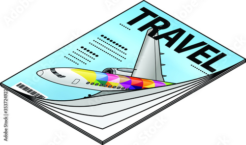 Icon of a travel magazine with a jet painted with colorful livery.