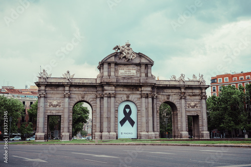 Madrid, Spain - May 25, 2020:The Alcala Door (Puerta de Alcala) is a one of the ancient doors of the city of Madrid Spain. It was the entrance of the people coming from France, Aragon, and Catalunia.