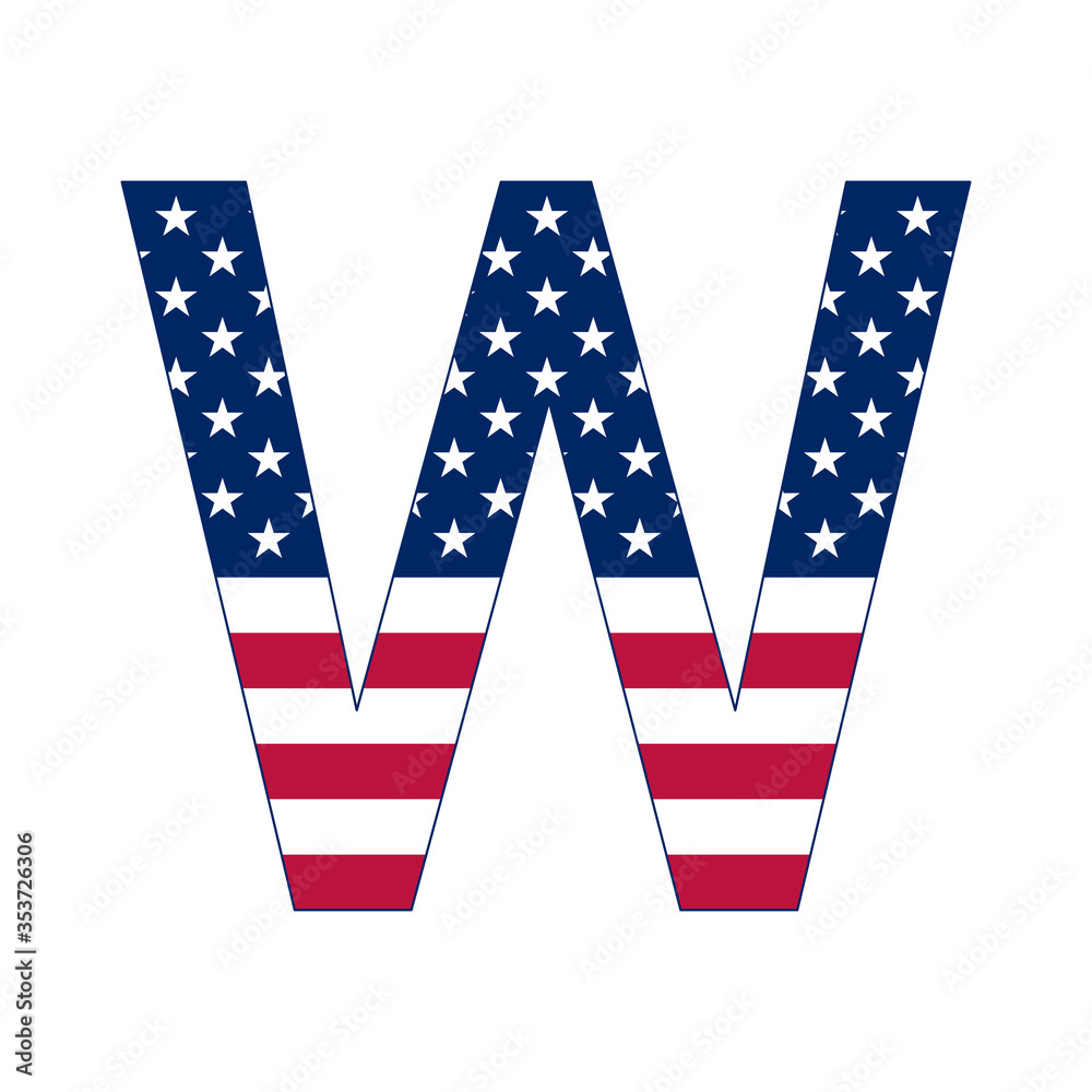 Fototapeta premium Letter W with stars and stripes. American flag lettering font. Vector USA national flag style letter W. Patriotic american element for poster, card, banner and background. 