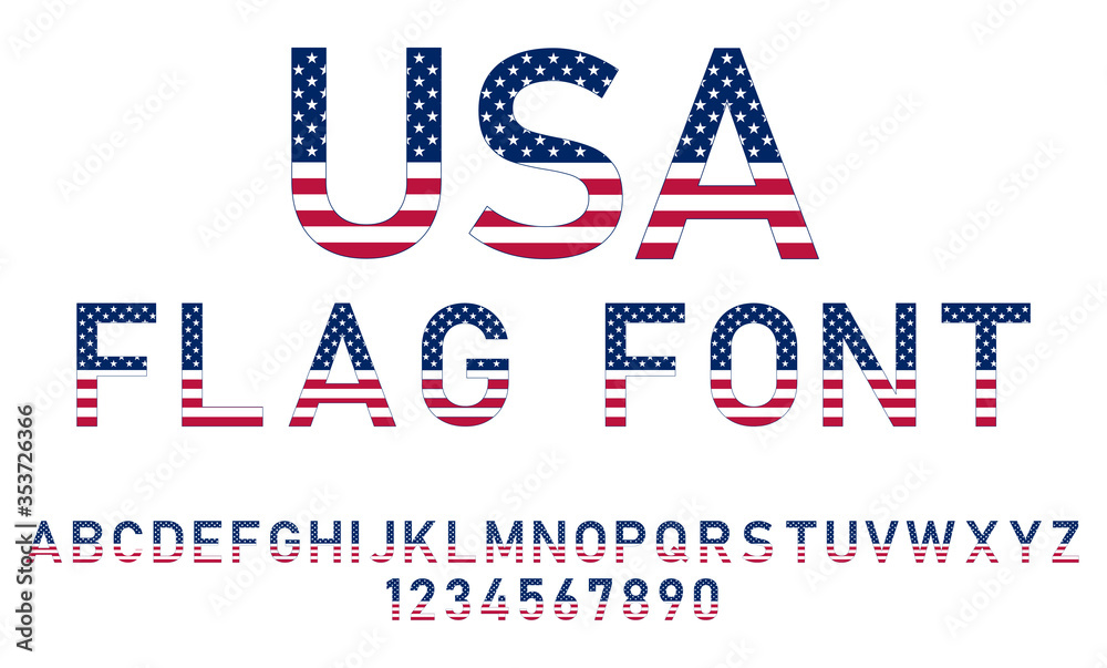 USA national flat flag style font. 
Alphabet letters and numbers vector illustration.