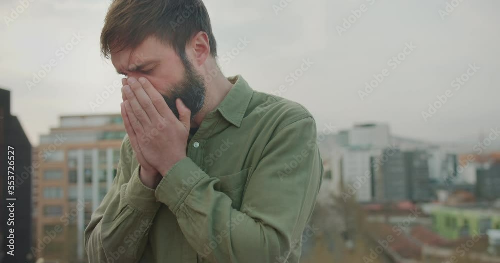 Infected flu virus man dry coughs in the city.Concept of healthcare and safety life,COVID19 coronavirus,healing virus,stop pandemia in World