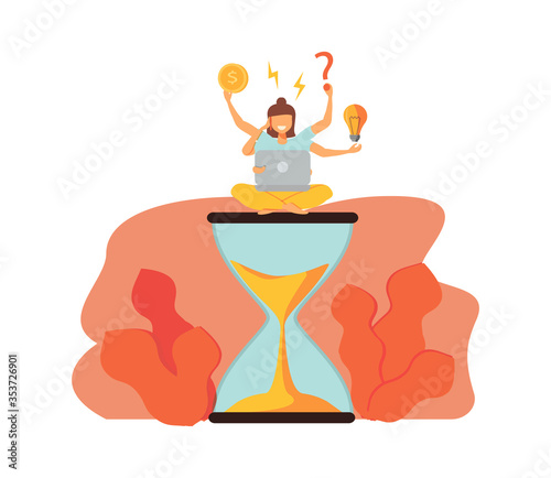 Tired and exasperated business woman is sitting on an hourglass and grabbed his head with business process icons and infographics on background. Stress in the office. Rush work. Deadline. Vector.