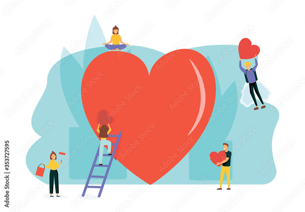 Vector illustration, preparation for Valentine's Day, teamwork, big heart, love holiday symbol - Vector. Vector illustration, crowd of young people preparation big heart for Valentine's Day, teamwork. Vector illustration, preparation for Valentine's Day, teamwork, big heart, love holiday symbol - Vector. Vector illustration, crowd of young people preparation big heart for Valentine's Day, teamwork.