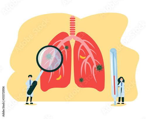 Pulmonology vector illustration. Flat tiny lungs healthcare persons concept. Abstract respiratory system examination and treatment. Internal organ inspection check for illness, disease or problems.