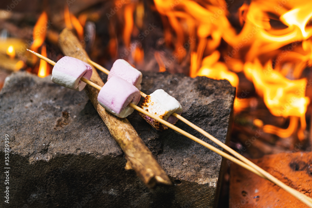 Marshmallow on skewers is fried at the stake.