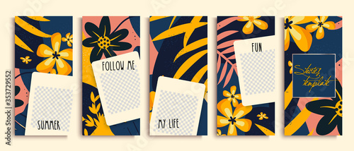 Trendy instagram stories templates with blue and orange flowers. Collection of summer background designs for social media stories. 