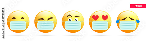 Set of Emoticons. Set of Emoji with mouth mask - yellow face with eyes wearing a white surgical mask