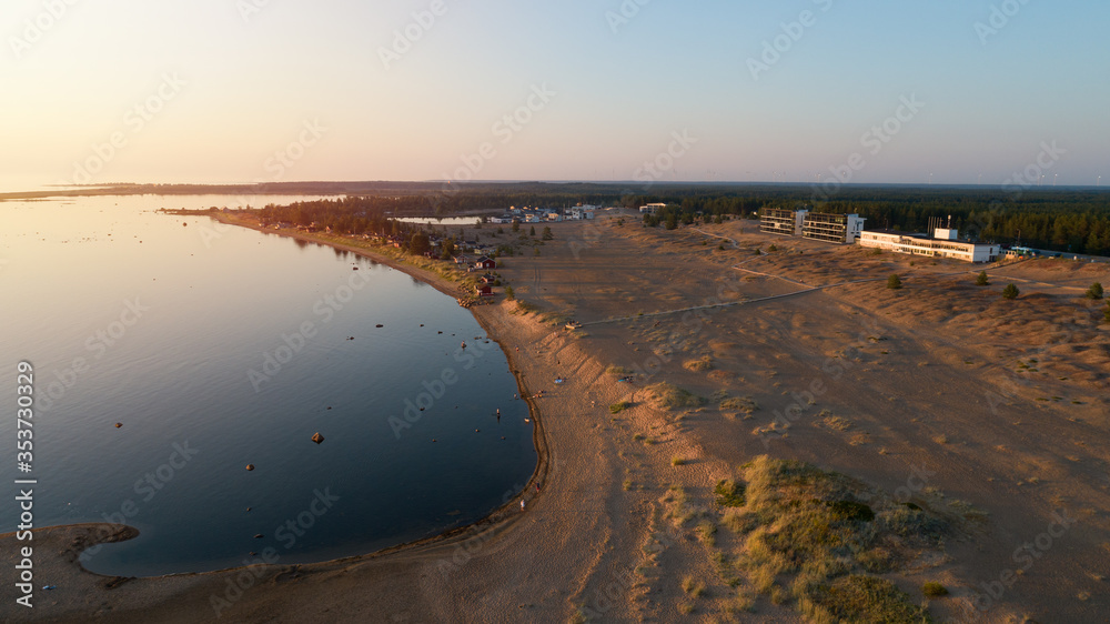 Aerial view of beautiful beach in Finland at sunset. Famous beach in Finland,Kalajoki.