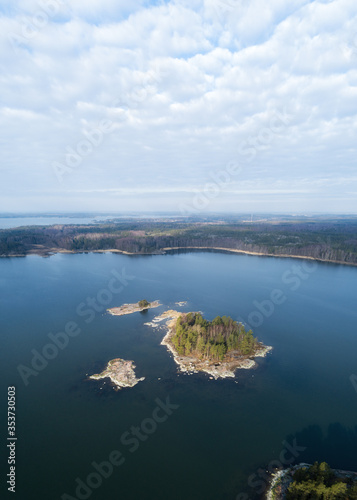Aerial view of small islands in a baltic sea. Summer in Finnish archipelago, Finland