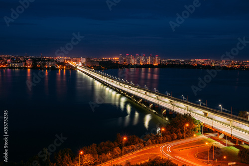 Night Voronezh. Northern bridge over Voronezh river  aerial view