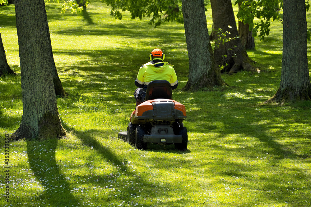 Operator of a lawn mower. Mowing grass in a park. Operator of a lawn mower. Mowing grass in a park.