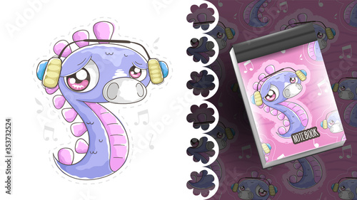 Cute illustration of seahorse listening to music ideal for notebook