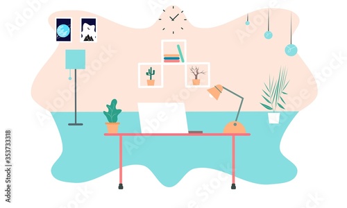 Flat Illustration of modern workplace in room. Creative office workspace. Flat minimalist style. Illustration work from home. Vector illustration of modern working place with  computer and interior.