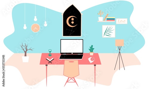 Flat Illustration of modern workplace in room. Creative office workspace. Flat minimalist style. Illustration work from home. Vector illustration of modern working place with  computer and interior.